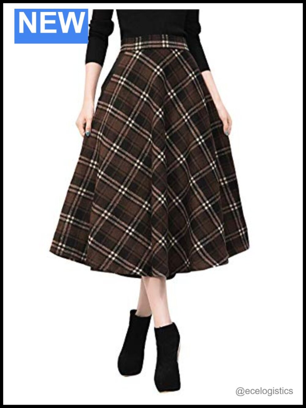 Plaid Wool Blend Maxi Skirt High Waist A-Line Flared Pleated